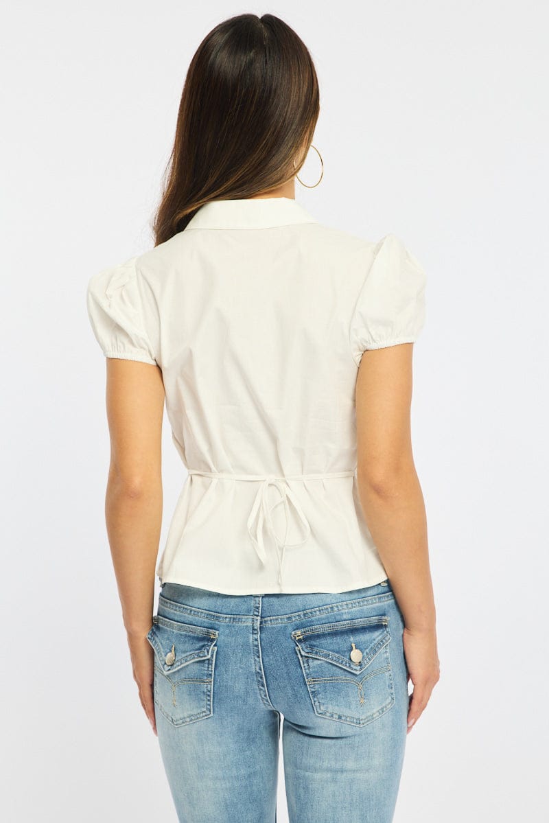 White Shirt Short Sleeves Collared Tie Back for Ally Fashion