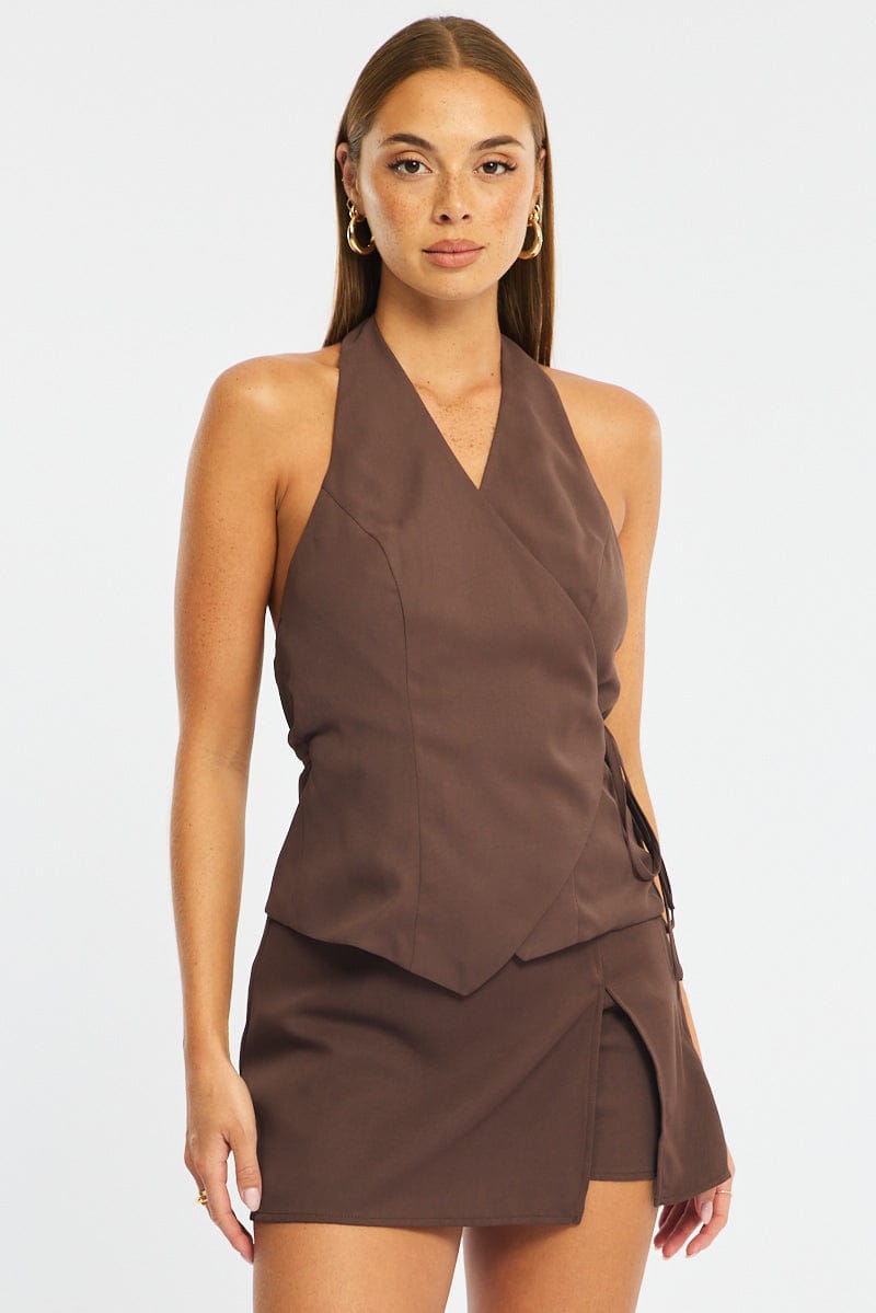 Brown Halter Vest Top Sleeveless V-neck for Ally Fashion