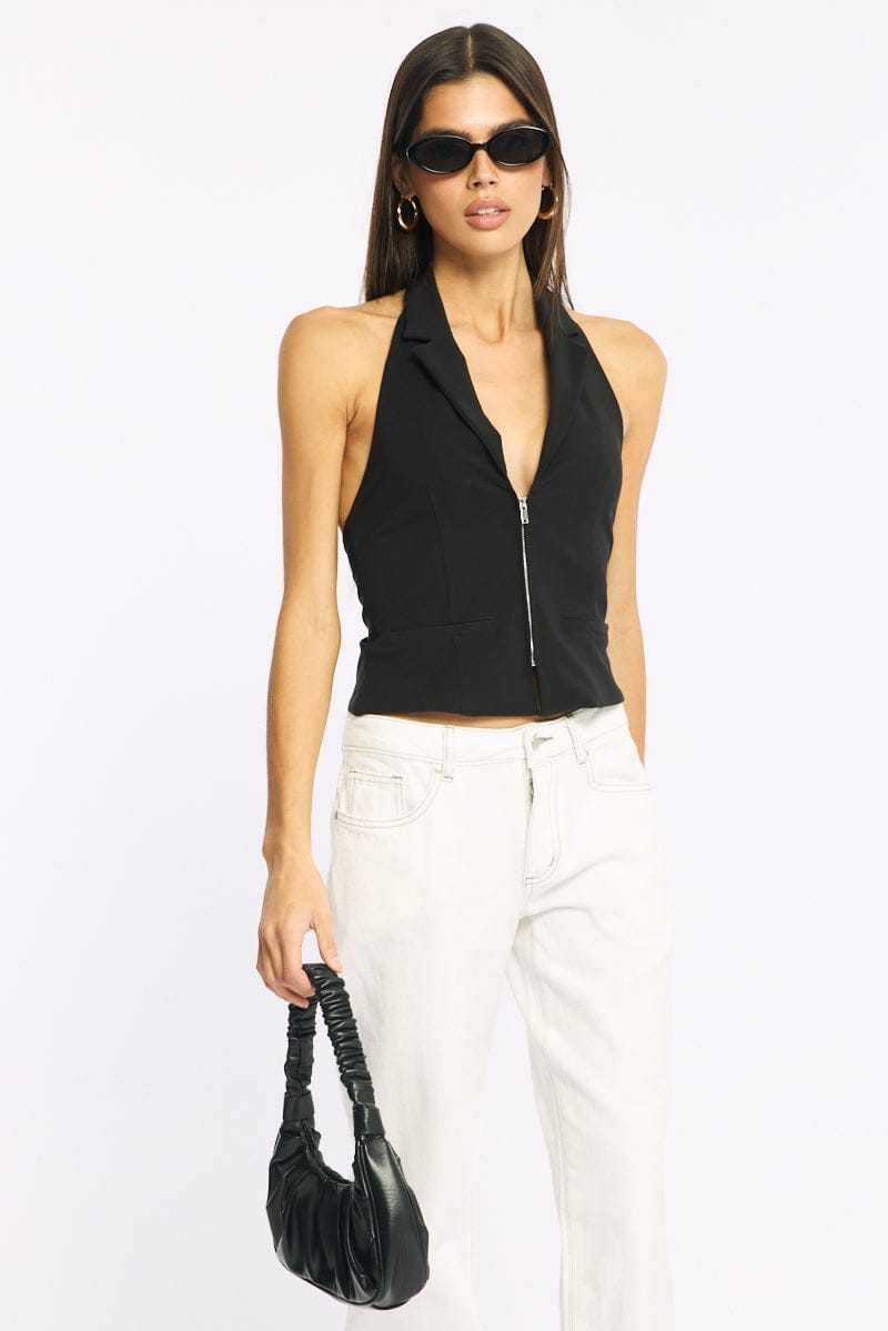 Black Collared Front Zip Halter Top for Ally Fashion