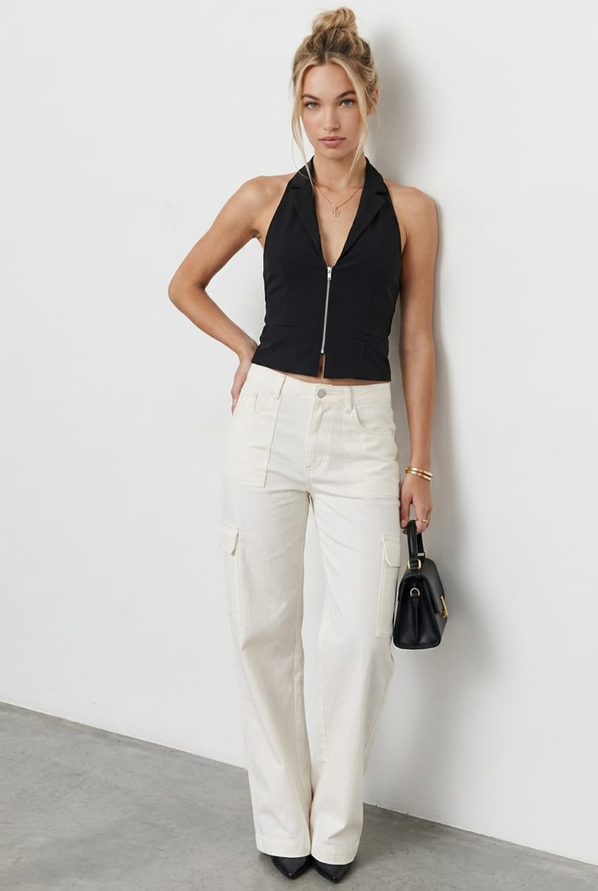 Black Collared Front Zip Halter Top for Ally Fashion