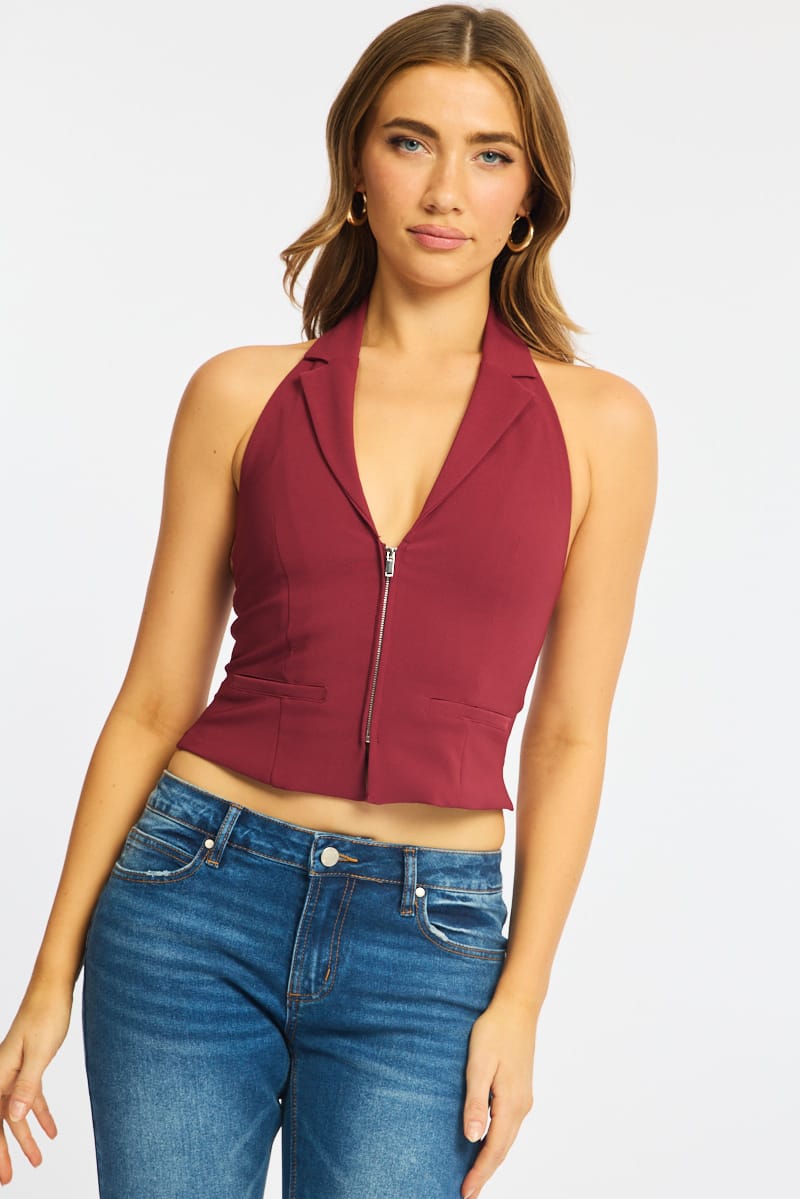 Red Collared Front Zip Halter Top for Ally Fashion
