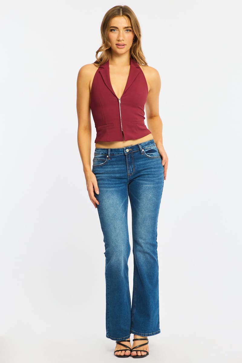 Red Collared Front Zip Halter Top for Ally Fashion