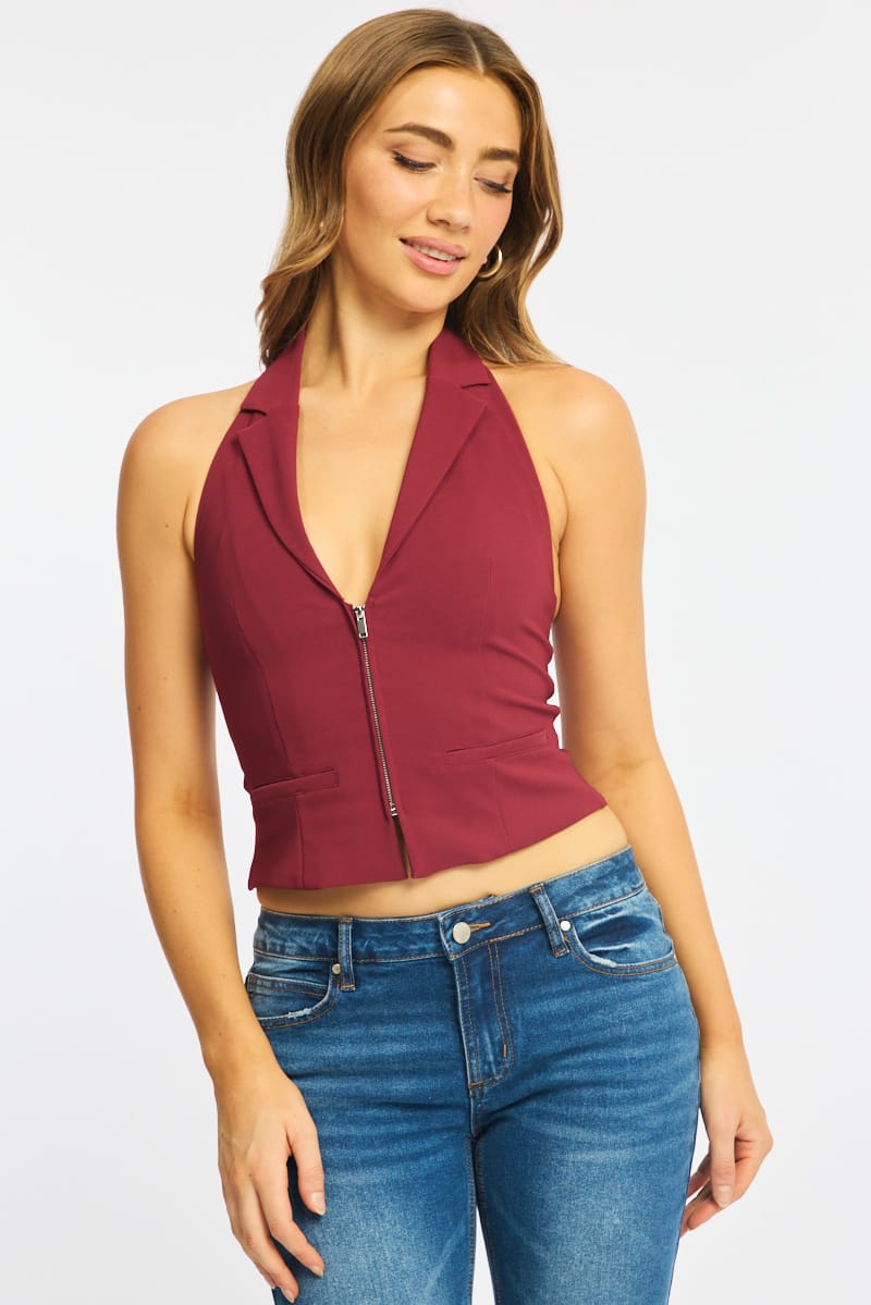 Red Collared Front Zip Halter Top for Ally Fashion