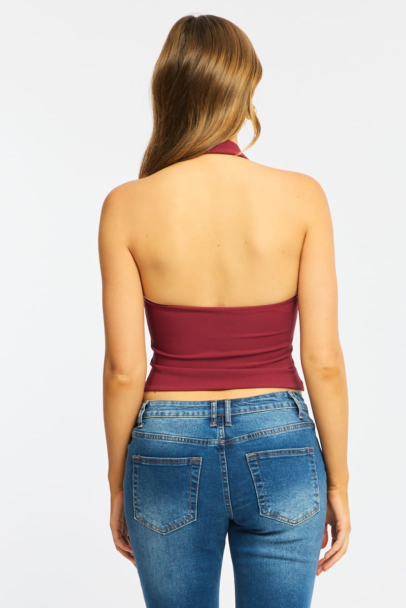 Red Collared Front Zip Halter Top for Ally Fashion