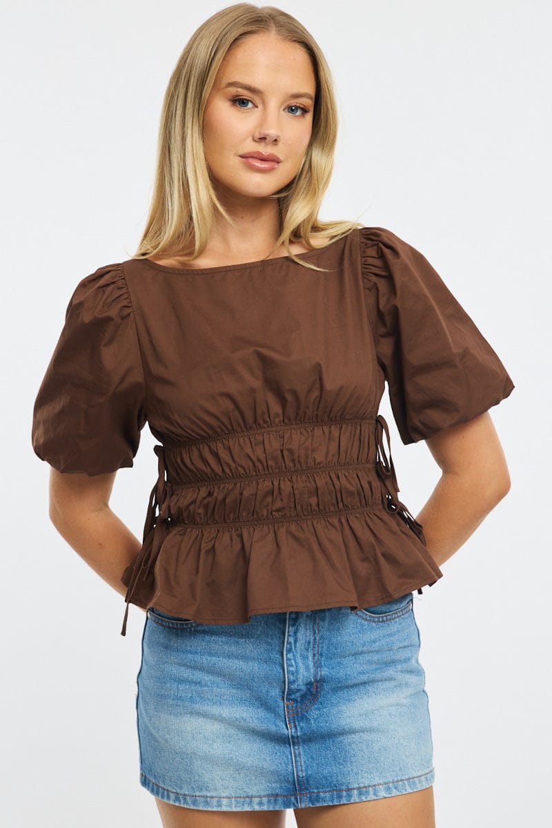 Brown Gathered Top Boat Neck Short Puff Sleeve for Ally Fashion