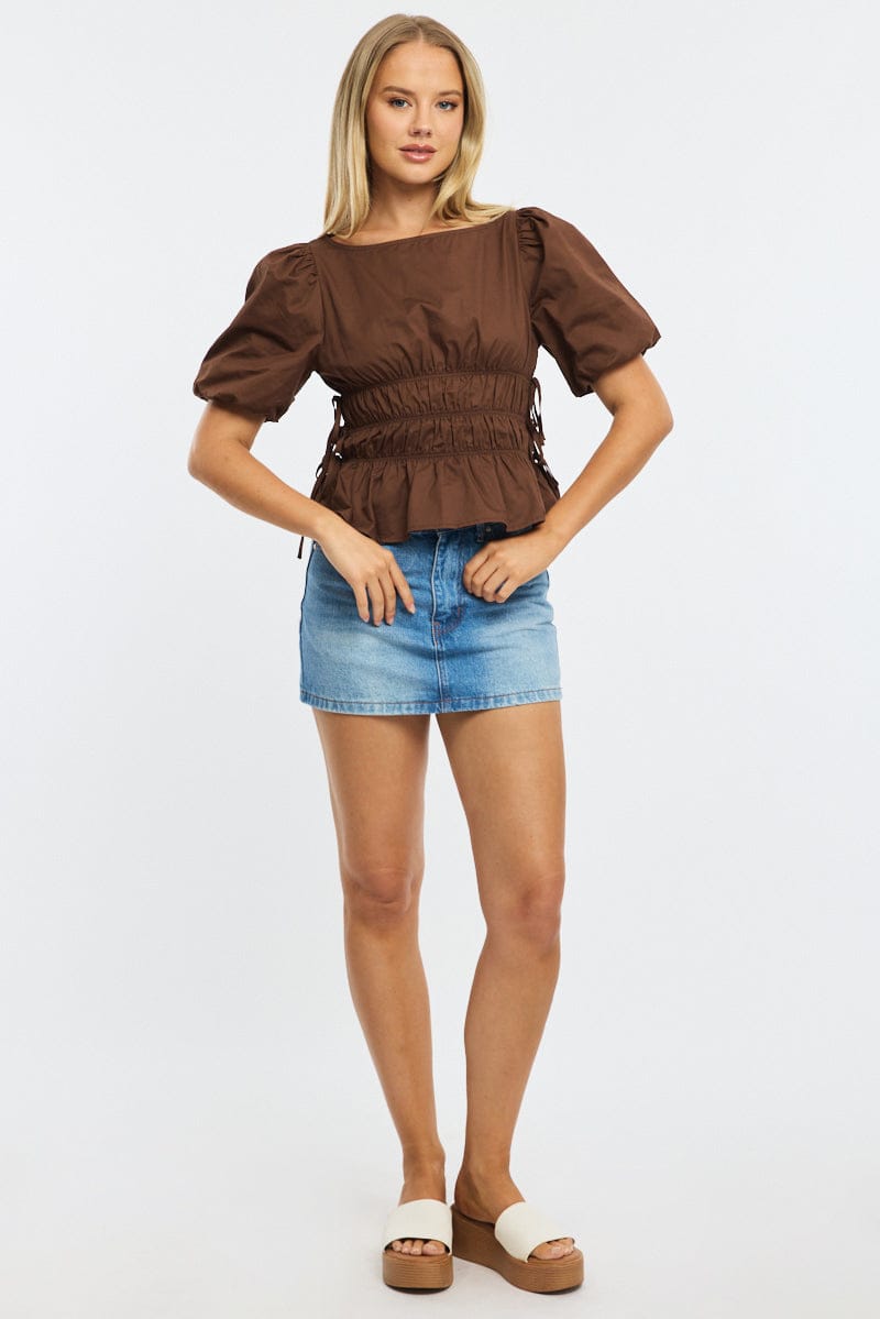 Brown Gathered Top Boat Neck Short Puff Sleeve for Ally Fashion
