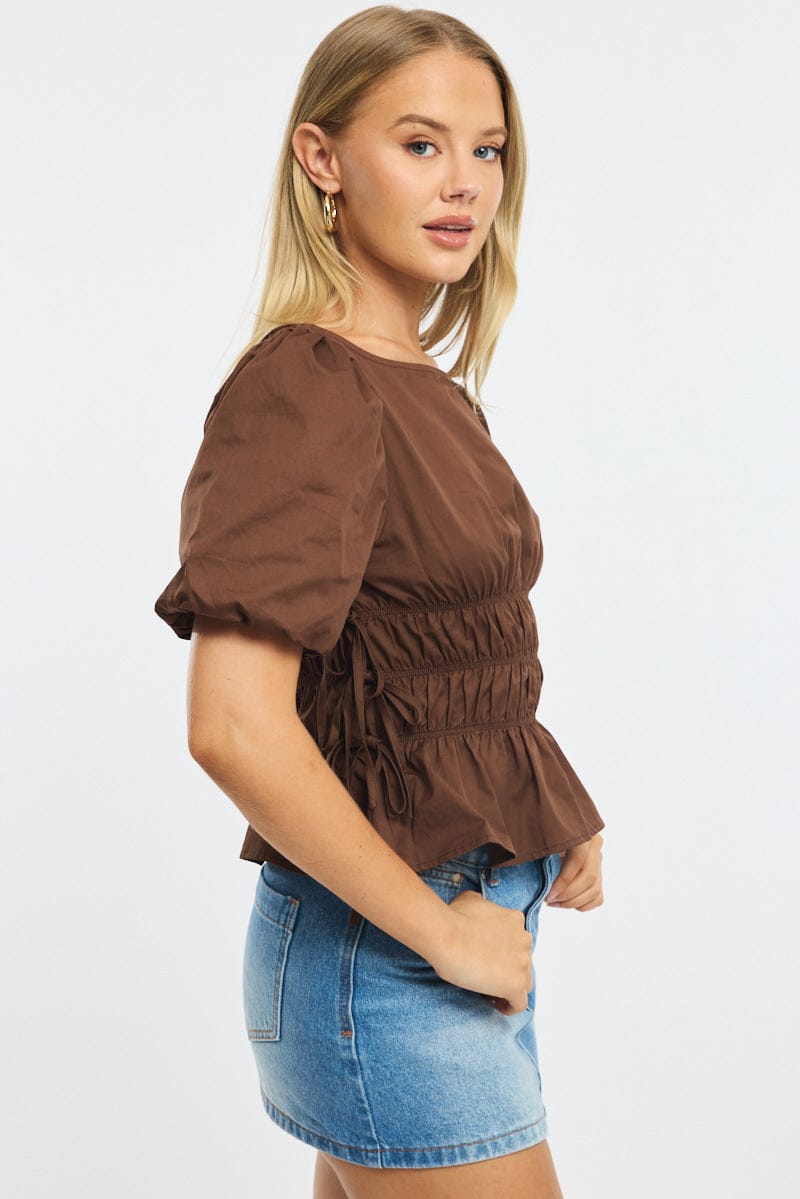Brown Gathered Top Boat Neck Short Puff Sleeve for Ally Fashion