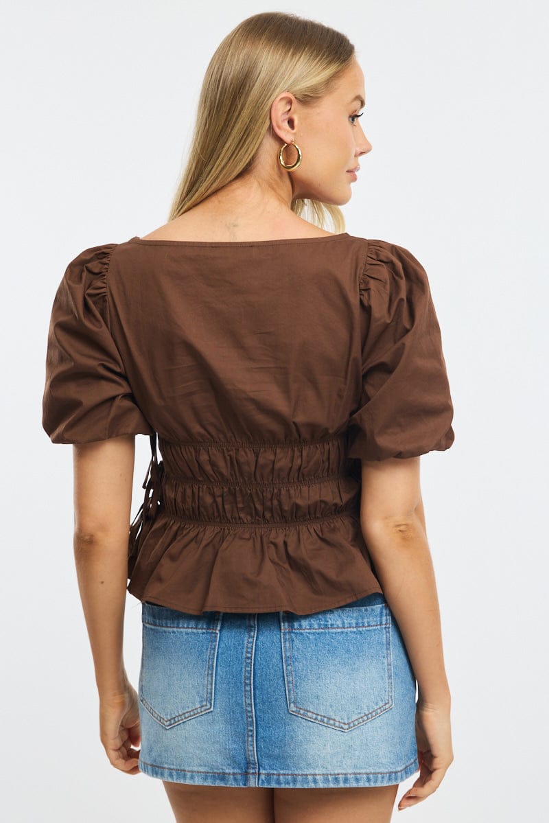 Brown Gathered Top Boat Neck Short Puff Sleeve for Ally Fashion