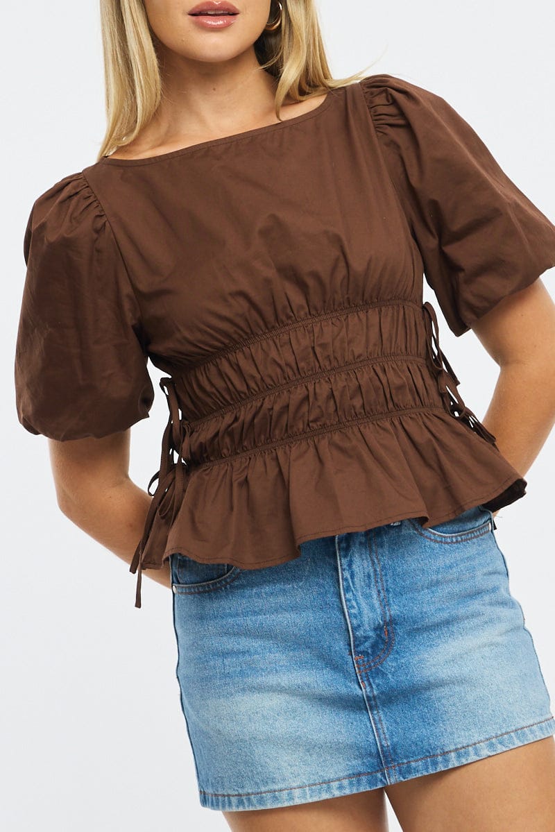 Brown Gathered Top Boat Neck Short Puff Sleeve for Ally Fashion
