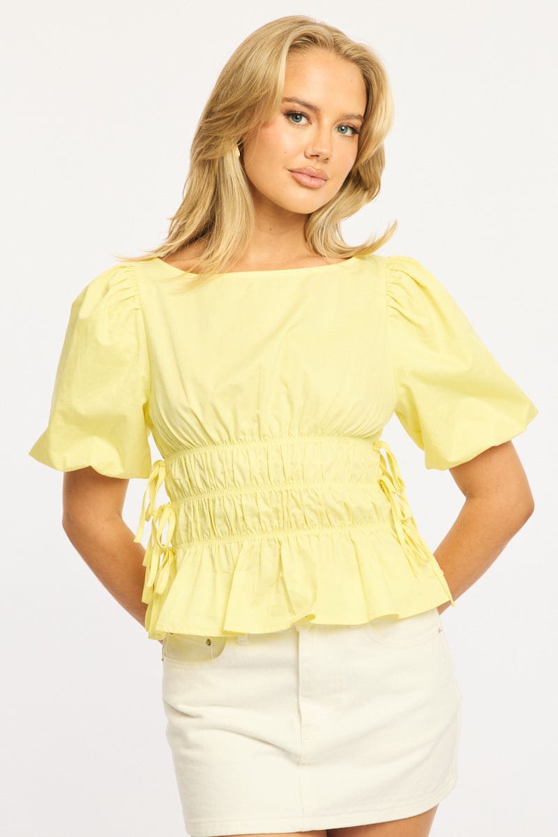 Yellow Gathered Top Boat Neck Short Puff Sleeve for Ally Fashion