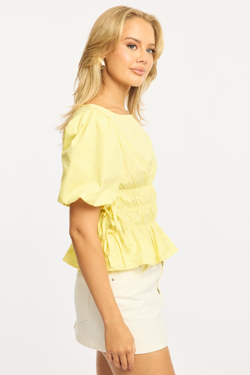Yellow Gathered Top Boat Neck Short Puff Sleeve for Ally Fashion