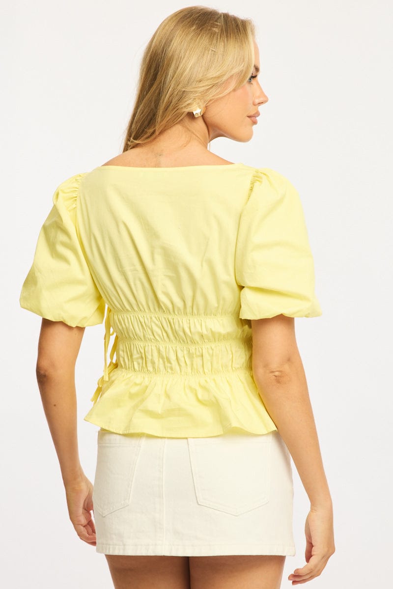 Yellow Gathered Top Boat Neck Short Puff Sleeve for Ally Fashion