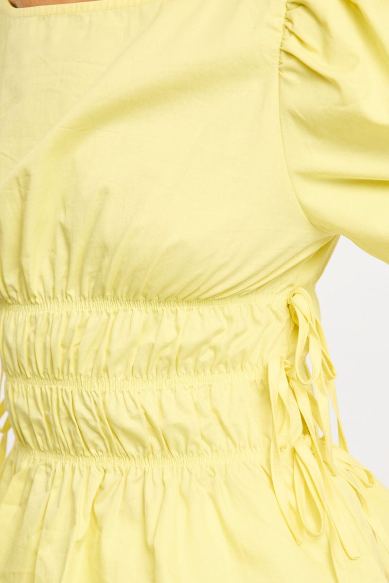 Yellow Gathered Top Boat Neck Short Puff Sleeve for Ally Fashion