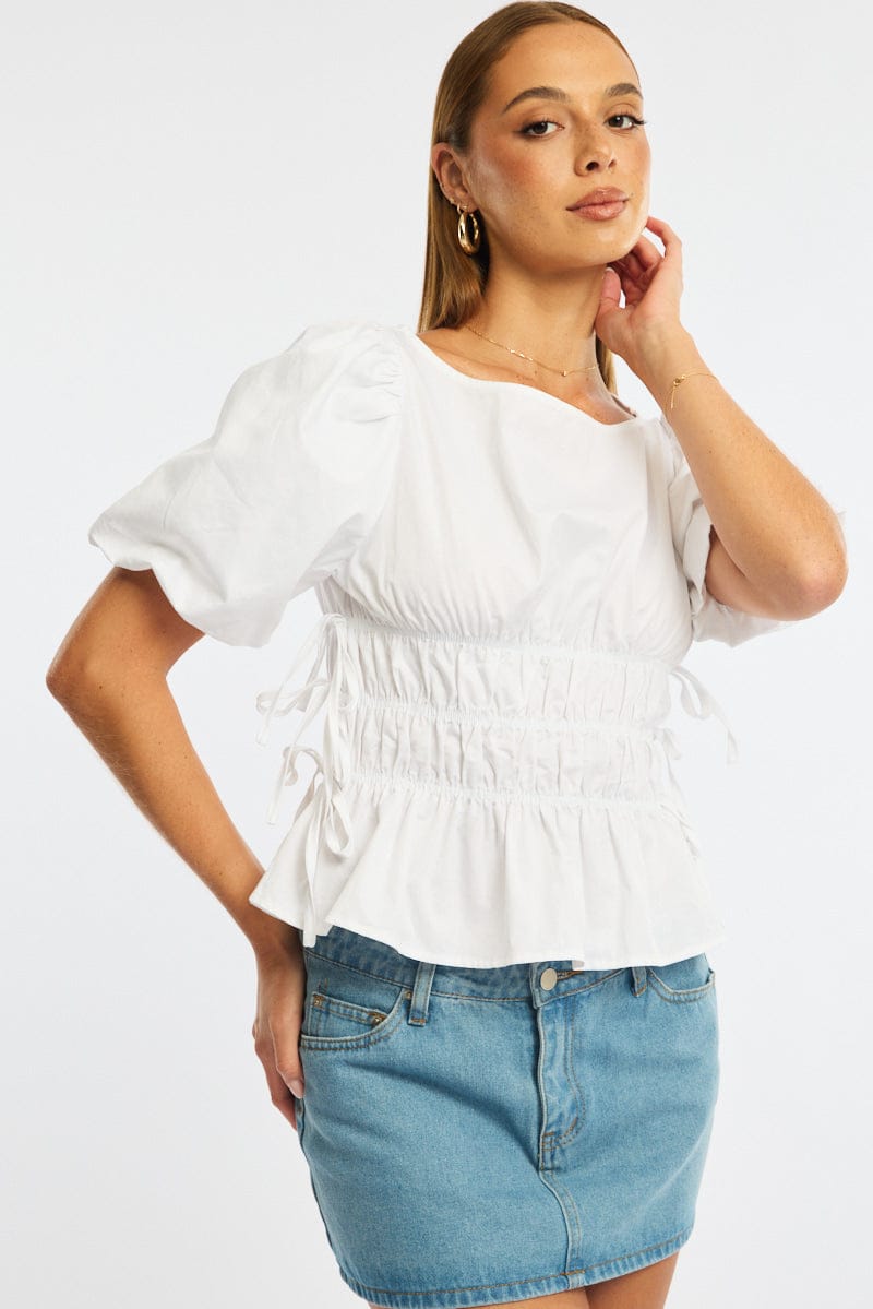 White Gathered Top Boat Neck Short Puff Sleeve for Ally Fashion