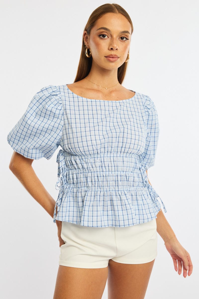 Blue Check Gathered Top Boat Neck Short Puff Sleeve for Ally Fashion
