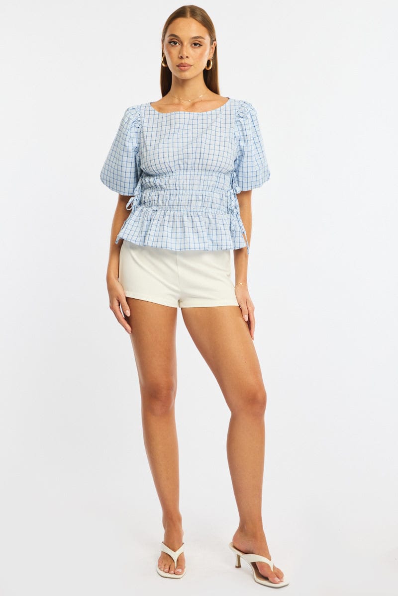 Blue Check Gathered Top Boat Neck Short Puff Sleeve for Ally Fashion