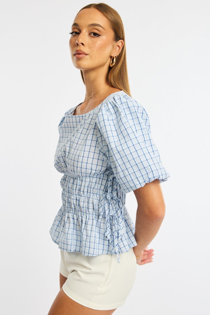 Blue Check Gathered Top Boat Neck Short Puff Sleeve for Ally Fashion