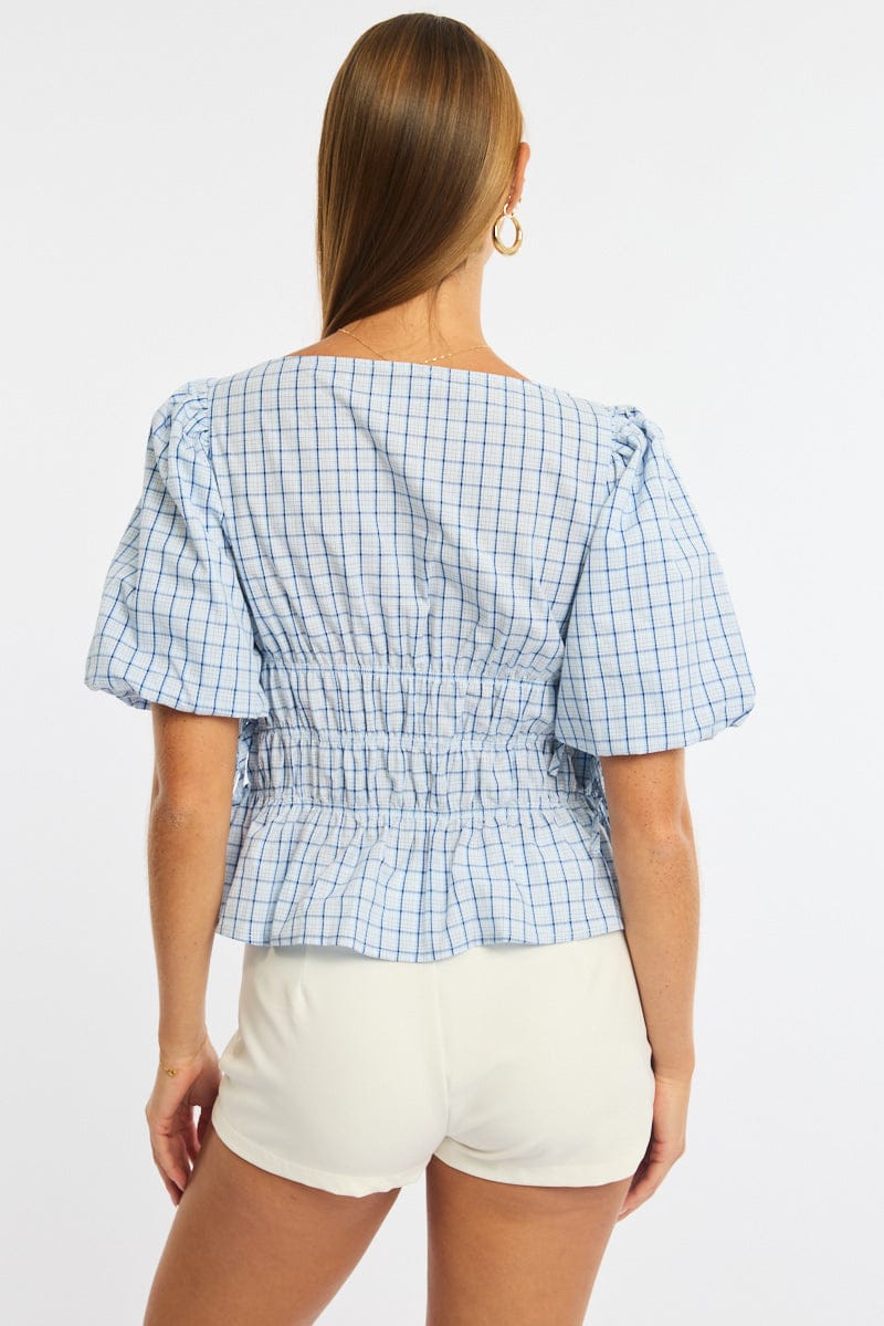 Blue Check Gathered Top Boat Neck Short Puff Sleeve for Ally Fashion