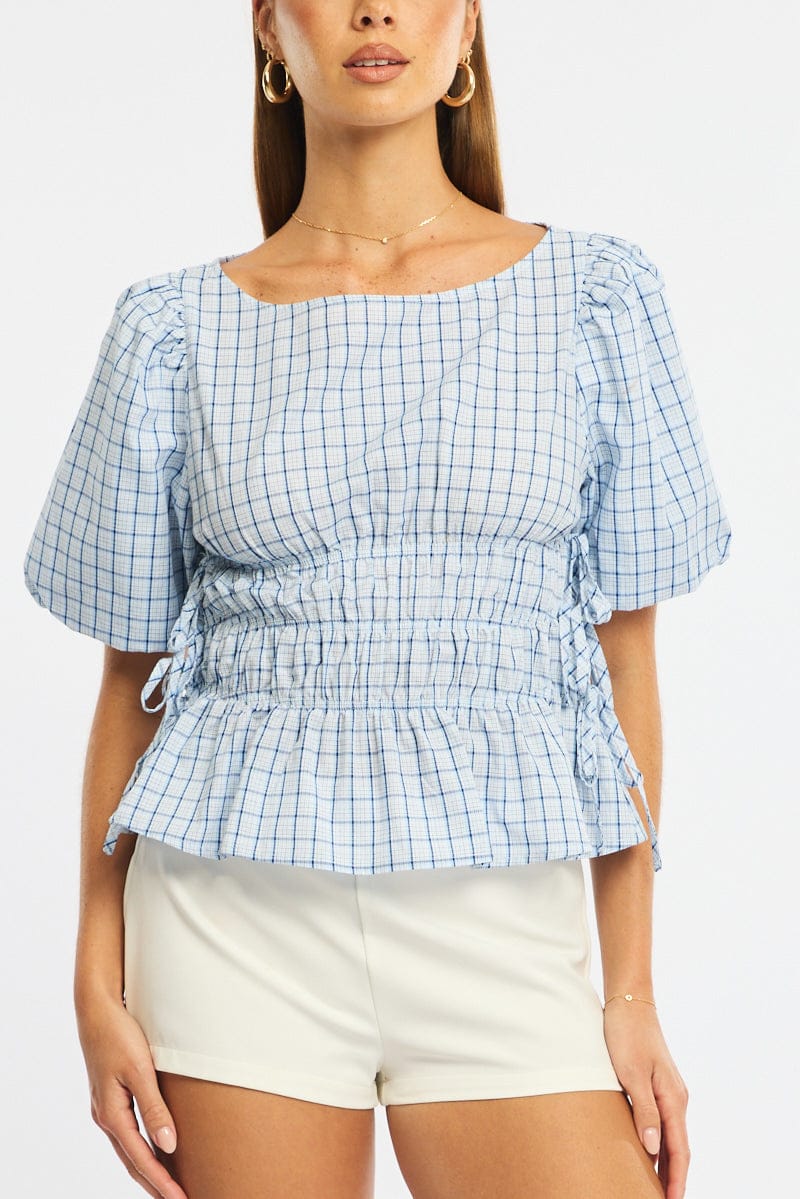 Blue Check Gathered Top Boat Neck Short Puff Sleeve for Ally Fashion