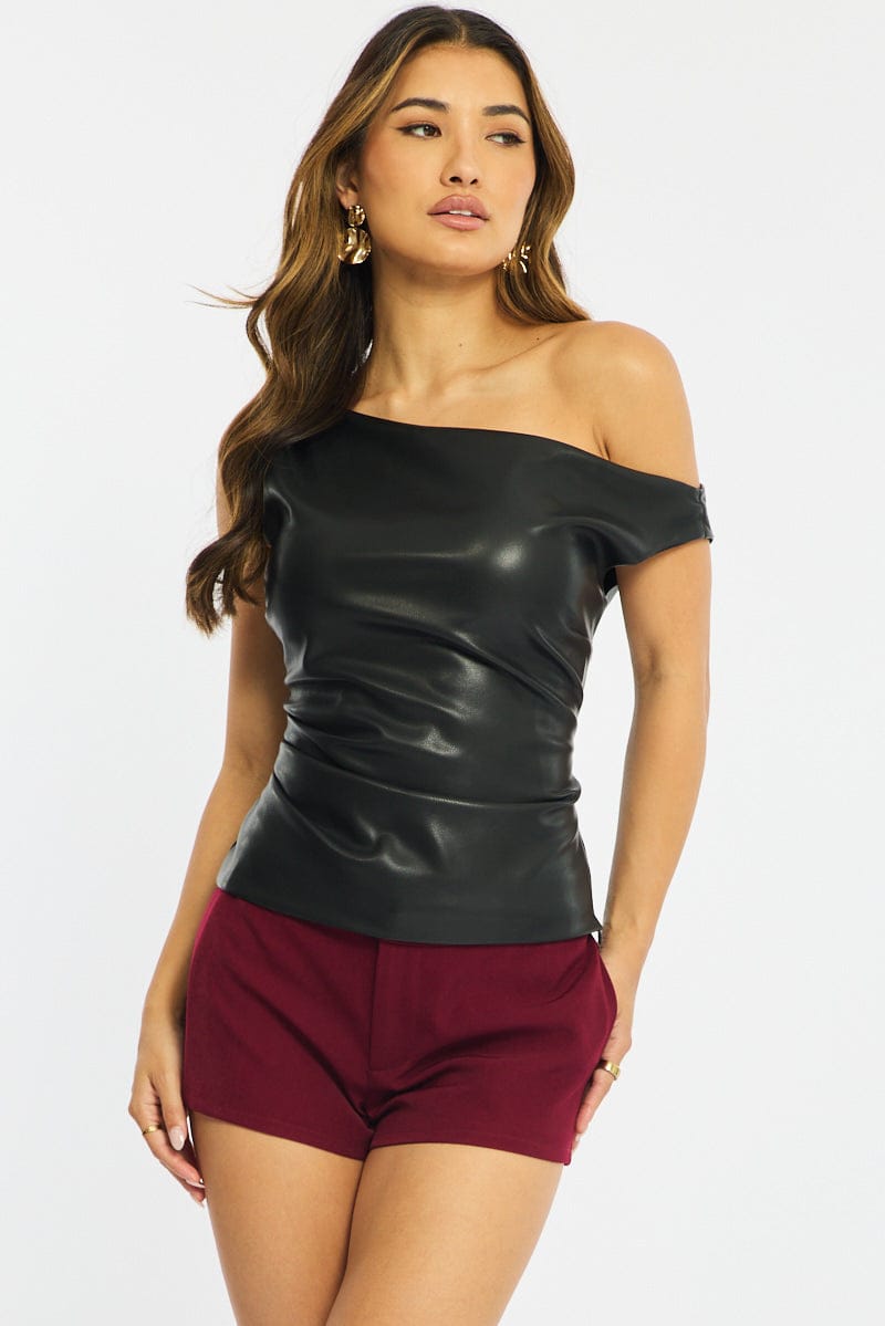 Black Pu Top One Shoulder Asymmetric Faux Leather for Ally Fashion