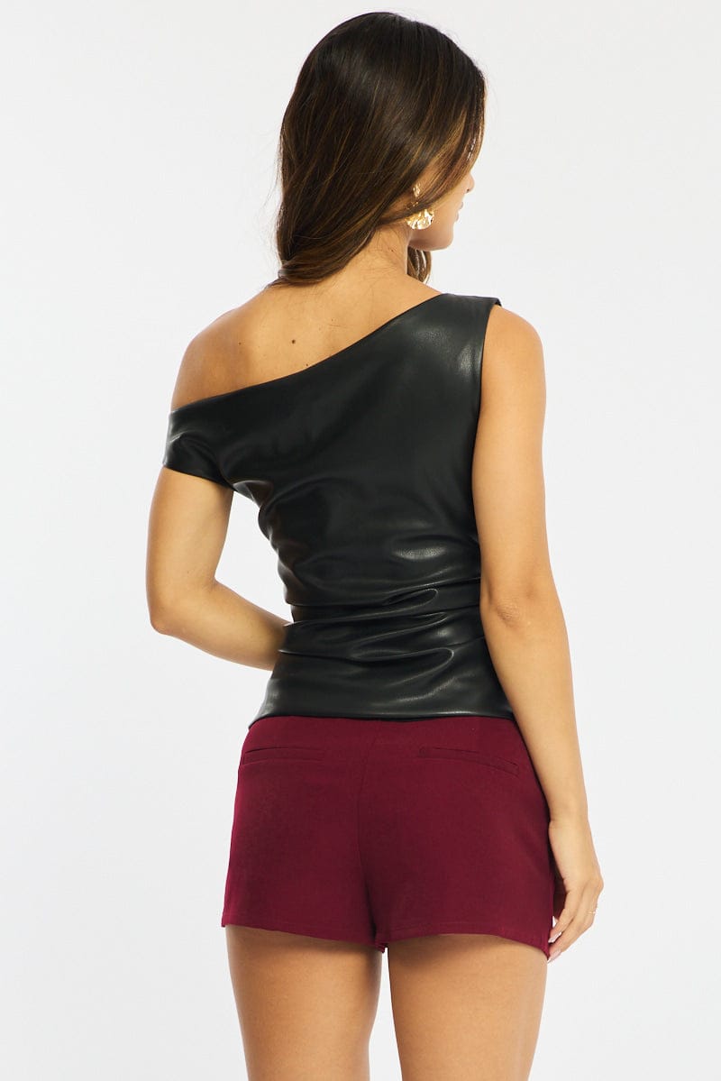 Black Pu Top One Shoulder Asymmetric Faux Leather for Ally Fashion
