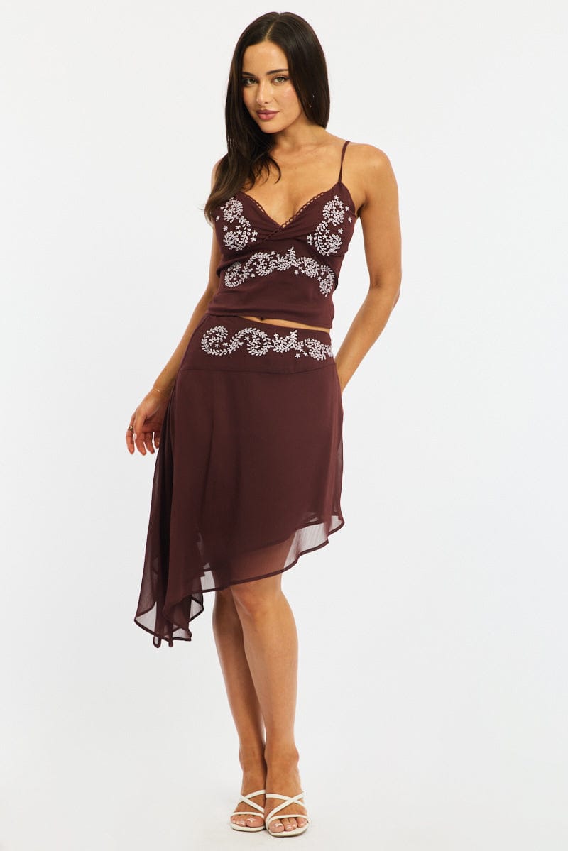 Brown Cami Top Sleeveless Open Back Embroidered for Ally Fashion