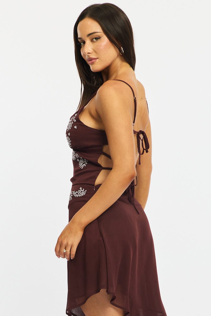 Brown Cami Top Sleeveless Open Back Embroidered for Ally Fashion
