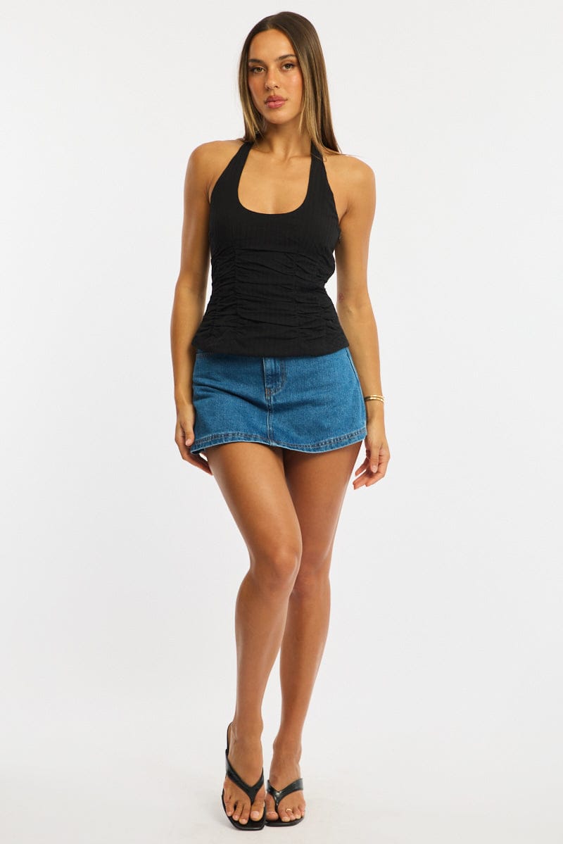 Black Halter Top Sleeveless Gathered Textured Cotton for Ally Fashion