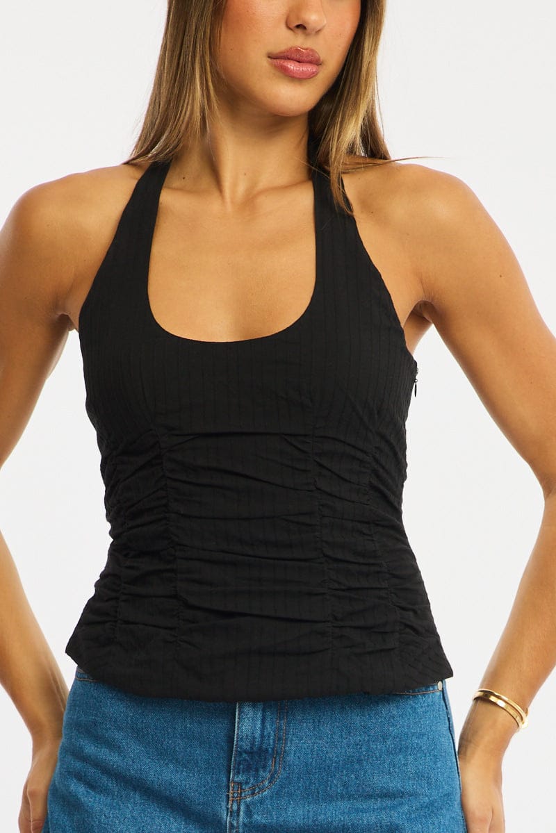 Black Halter Top Sleeveless Gathered Textured Cotton for Ally Fashion