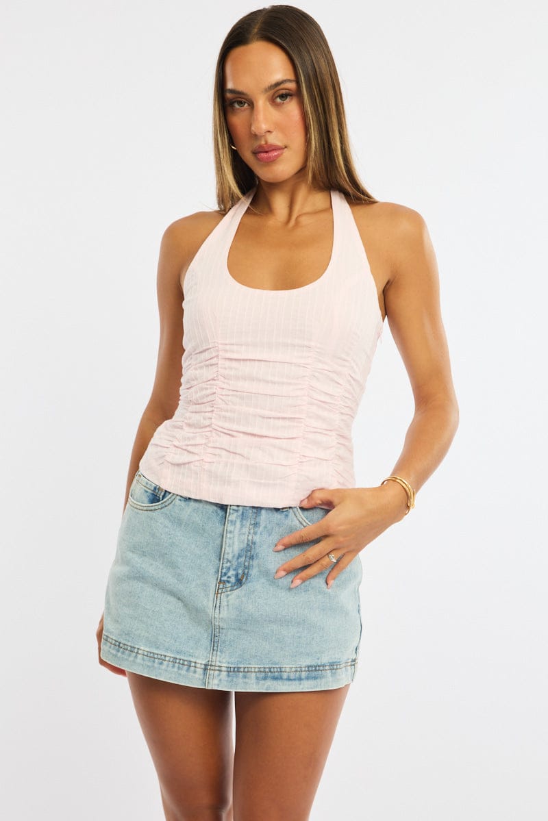 Pink Halter Top Sleeveless Gathered Textured Cotton for Ally Fashion