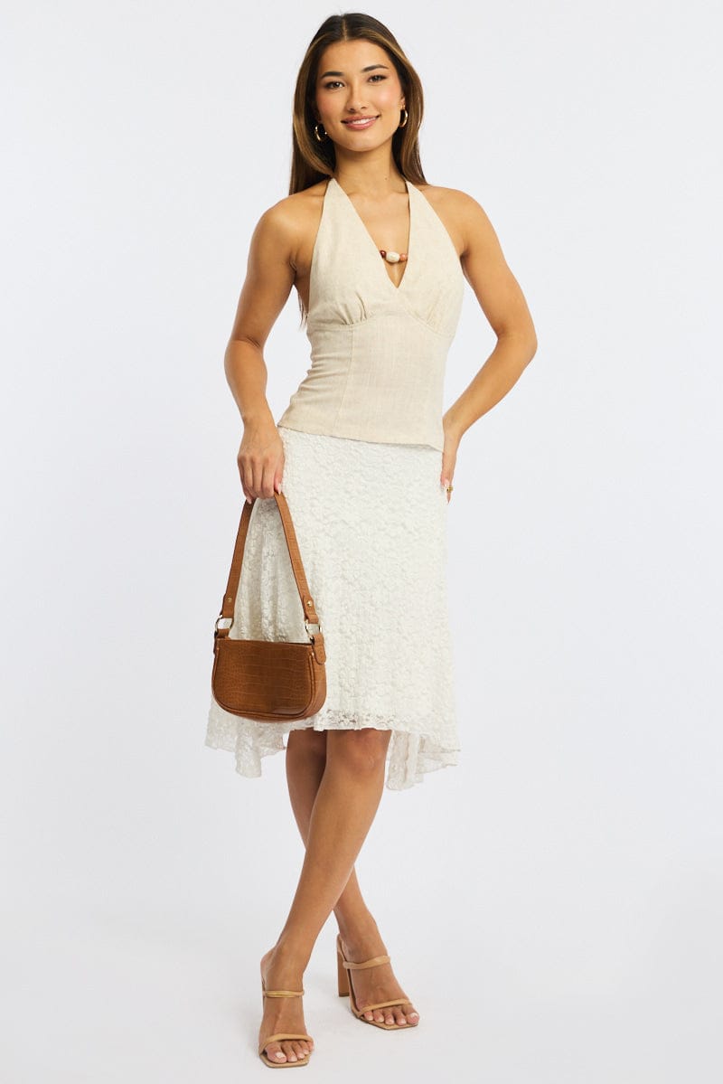 Beige Beaded Halter Top Sleeveless Linen Blend for Ally Fashion