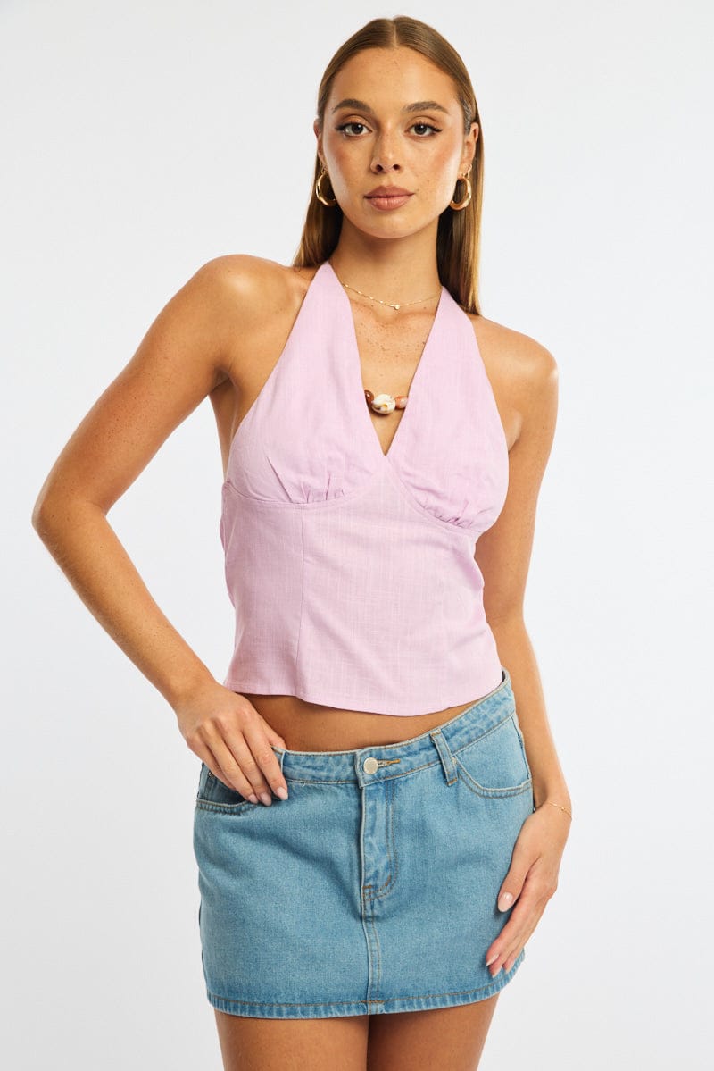 Pink Beaded Halter Top Sleeveless Linen Blend for Ally Fashion