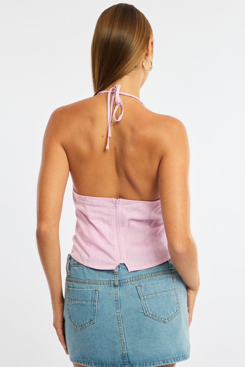 Pink Beaded Halter Top Sleeveless Linen Blend for Ally Fashion
