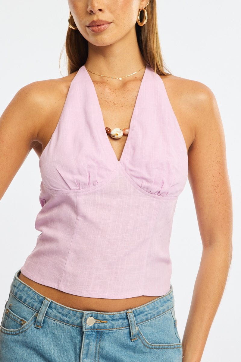 Pink Beaded Halter Top Sleeveless Linen Blend for Ally Fashion