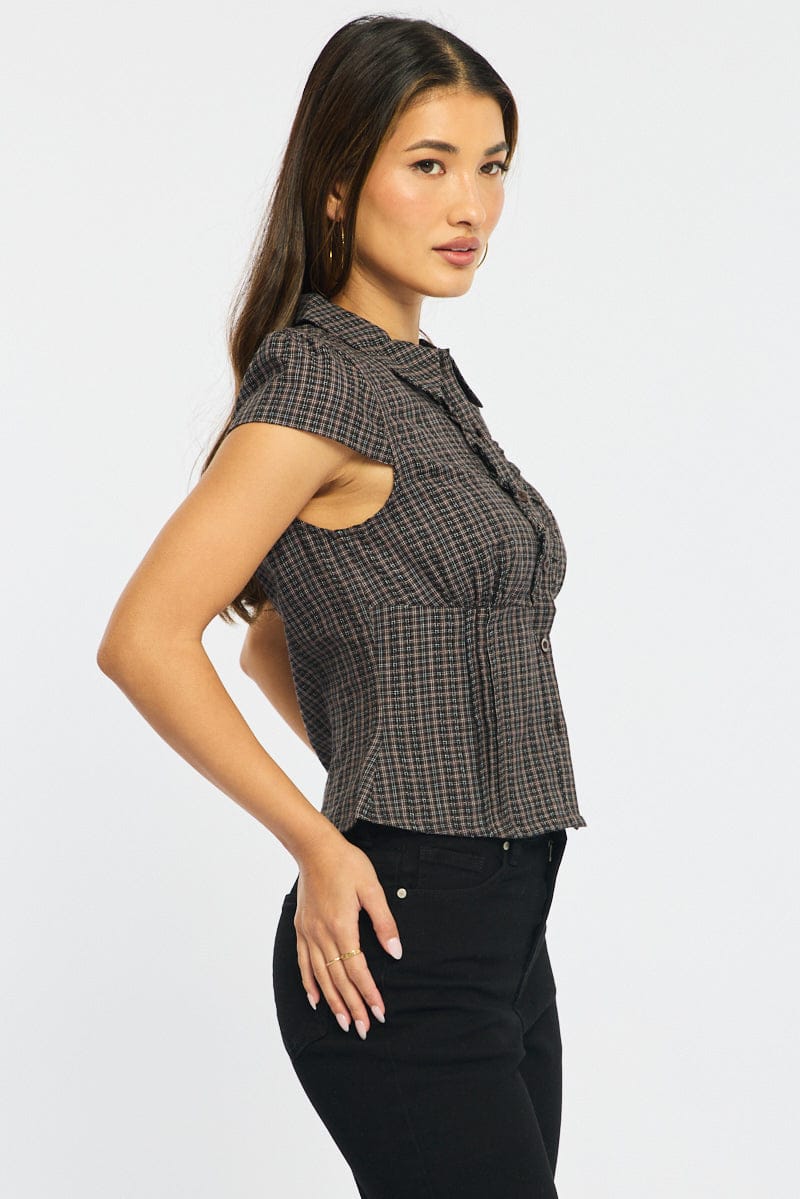 Brown Check Shirt Short Sleeve Collared Ruffle Front Pleated for Ally Fashion