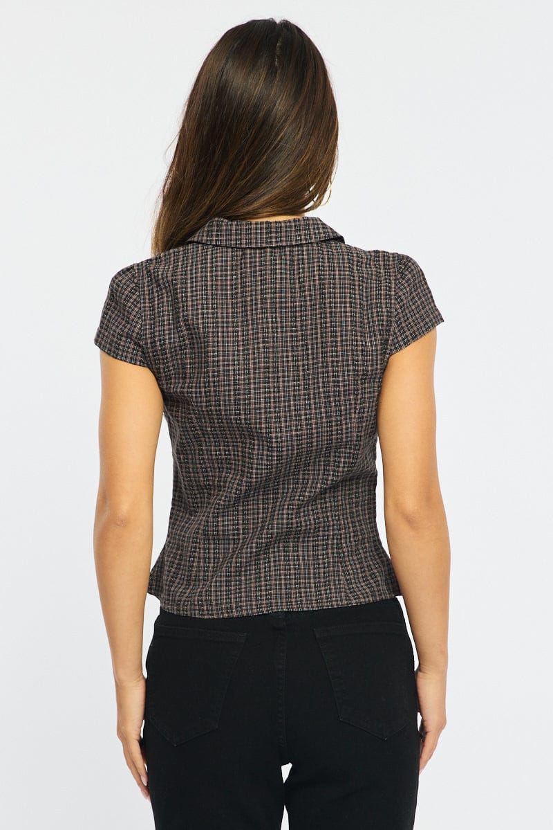 Brown Check Shirt Short Sleeve Collared Ruffle Front Pleated for Ally Fashion