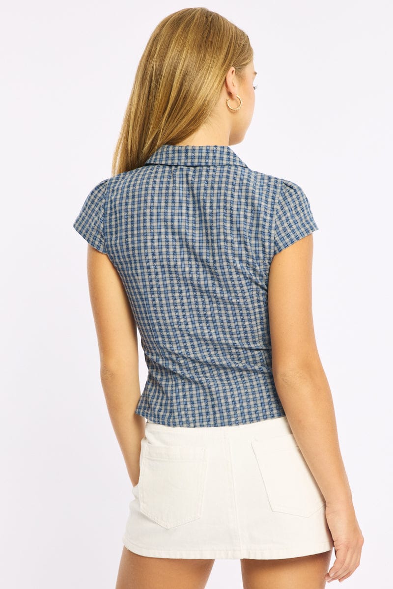 Blue Check Shirt Short Sleeve Collared Ruffle Front Pleated for Ally Fashion