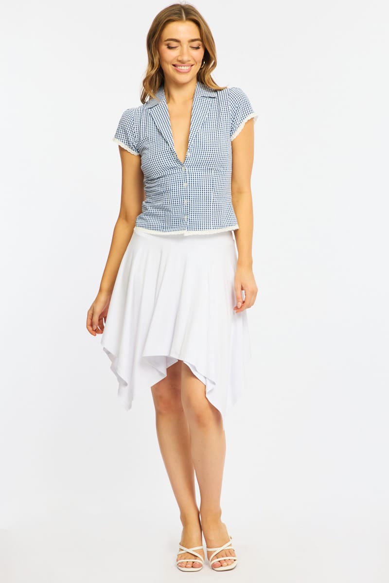 Blue Check Lace Trim Shirt Cap Sleeve Collared Textured for Ally Fashion