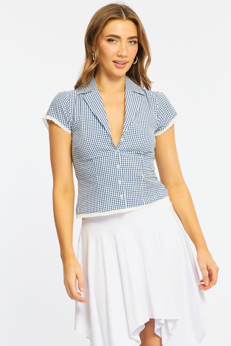 Blue Check Lace Trim Shirt Cap Sleeve Collared Textured for Ally Fashion