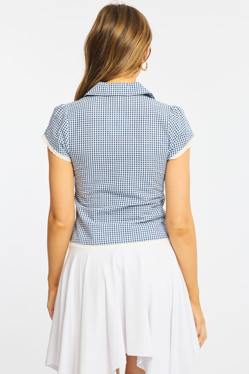 Blue Check Lace Trim Shirt Cap Sleeve Collared Textured for Ally Fashion