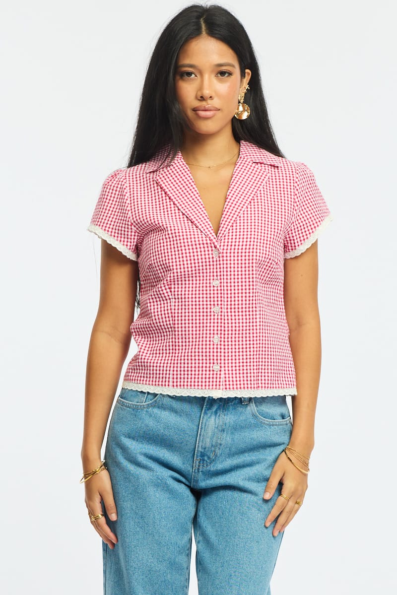 Red Check Lace Trim Shirt Cap Sleeve Collared Textured for Ally Fashion