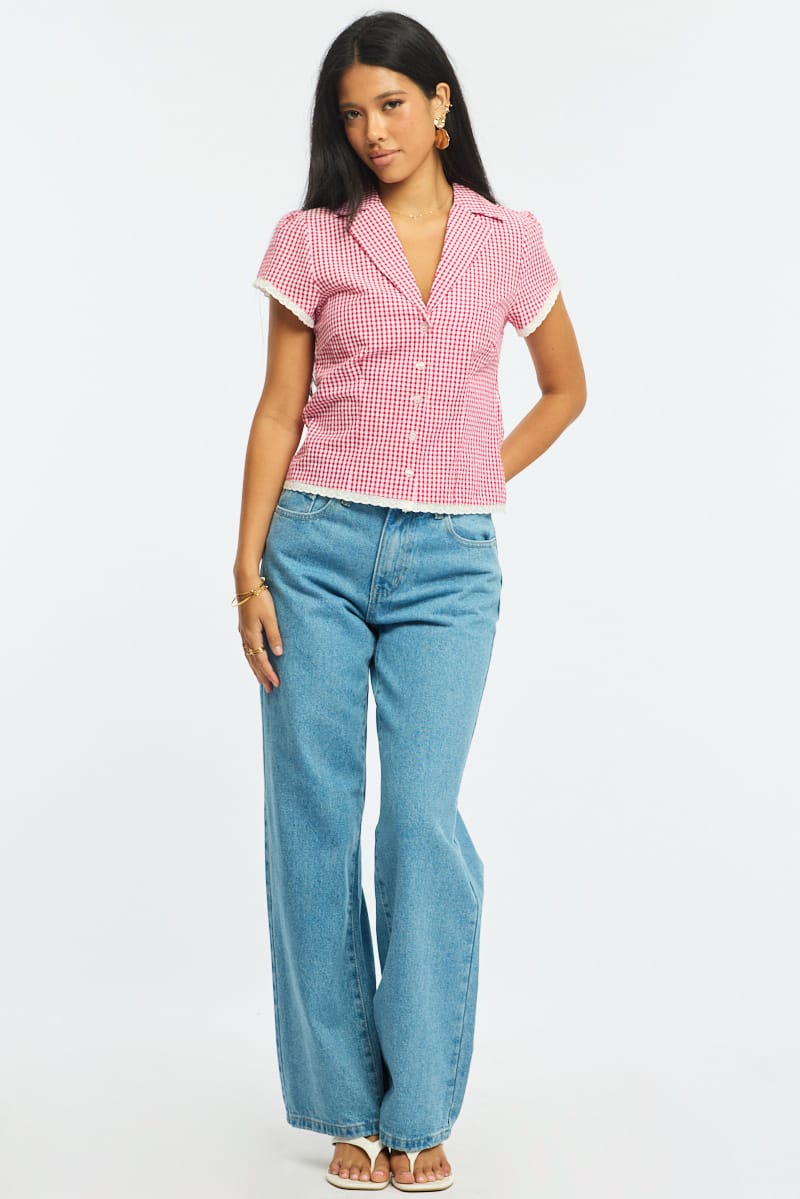 Red Check Lace Trim Shirt Cap Sleeve Collared Textured for Ally Fashion