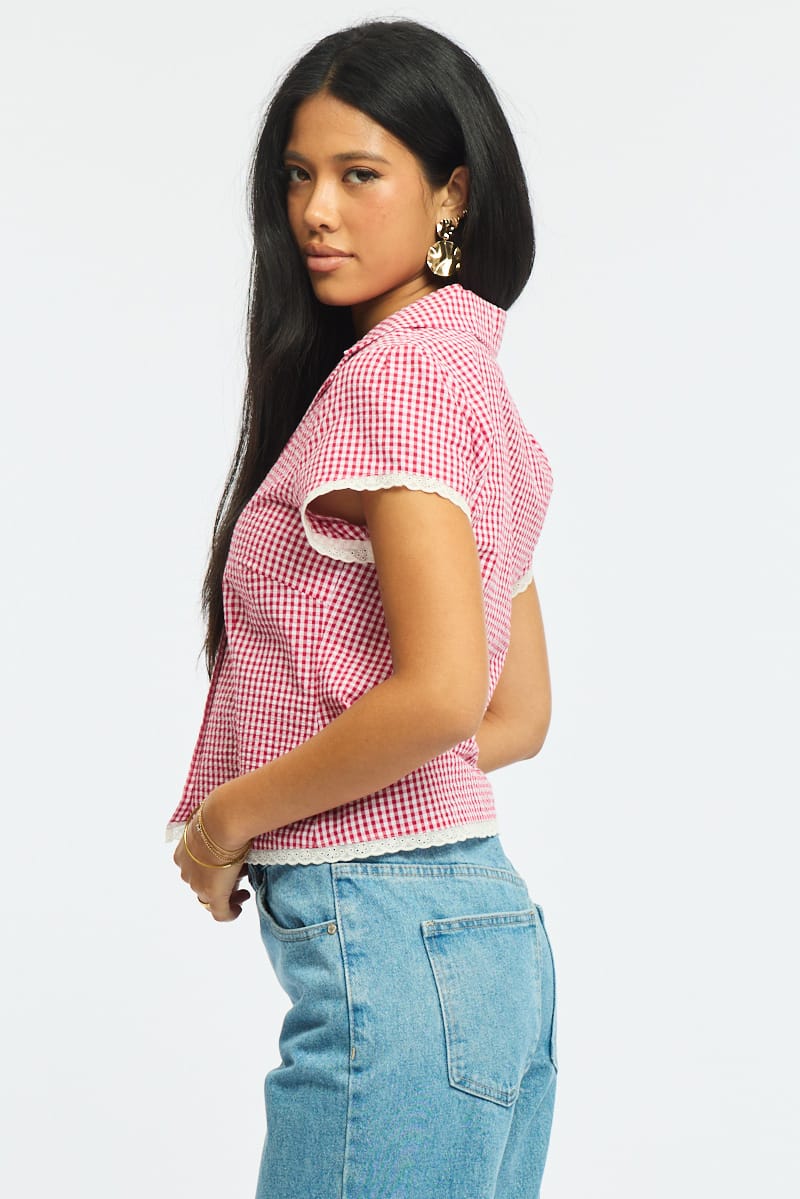 Red Check Lace Trim Shirt Cap Sleeve Collared Textured for Ally Fashion