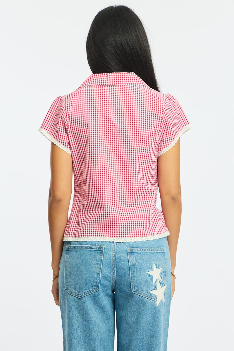 Red Check Lace Trim Shirt Cap Sleeve Collared Textured for Ally Fashion