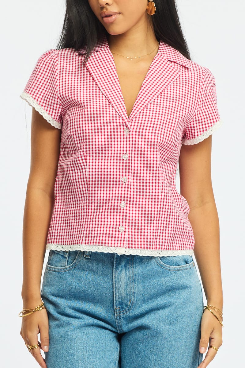 Red Check Lace Trim Shirt Cap Sleeve Collared Textured for Ally Fashion