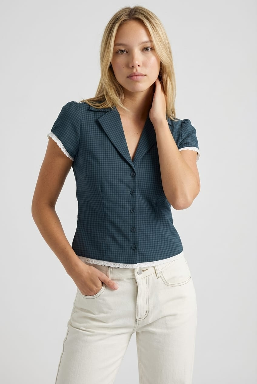 Black Cap Sleeve Collared Lace Trim Textured Shirt for Ally Fashion