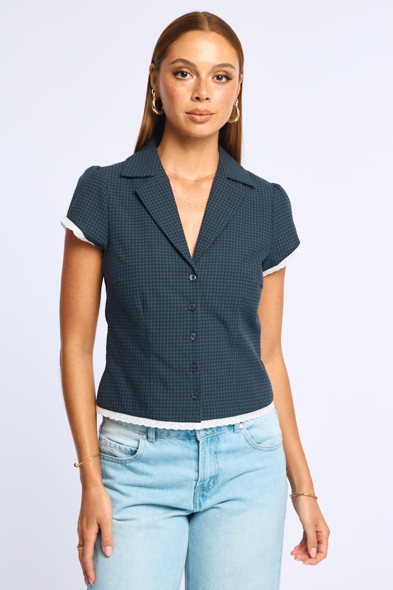 Black Cap Sleeve Collared Lace Trim Textured Shirt for Ally Fashion