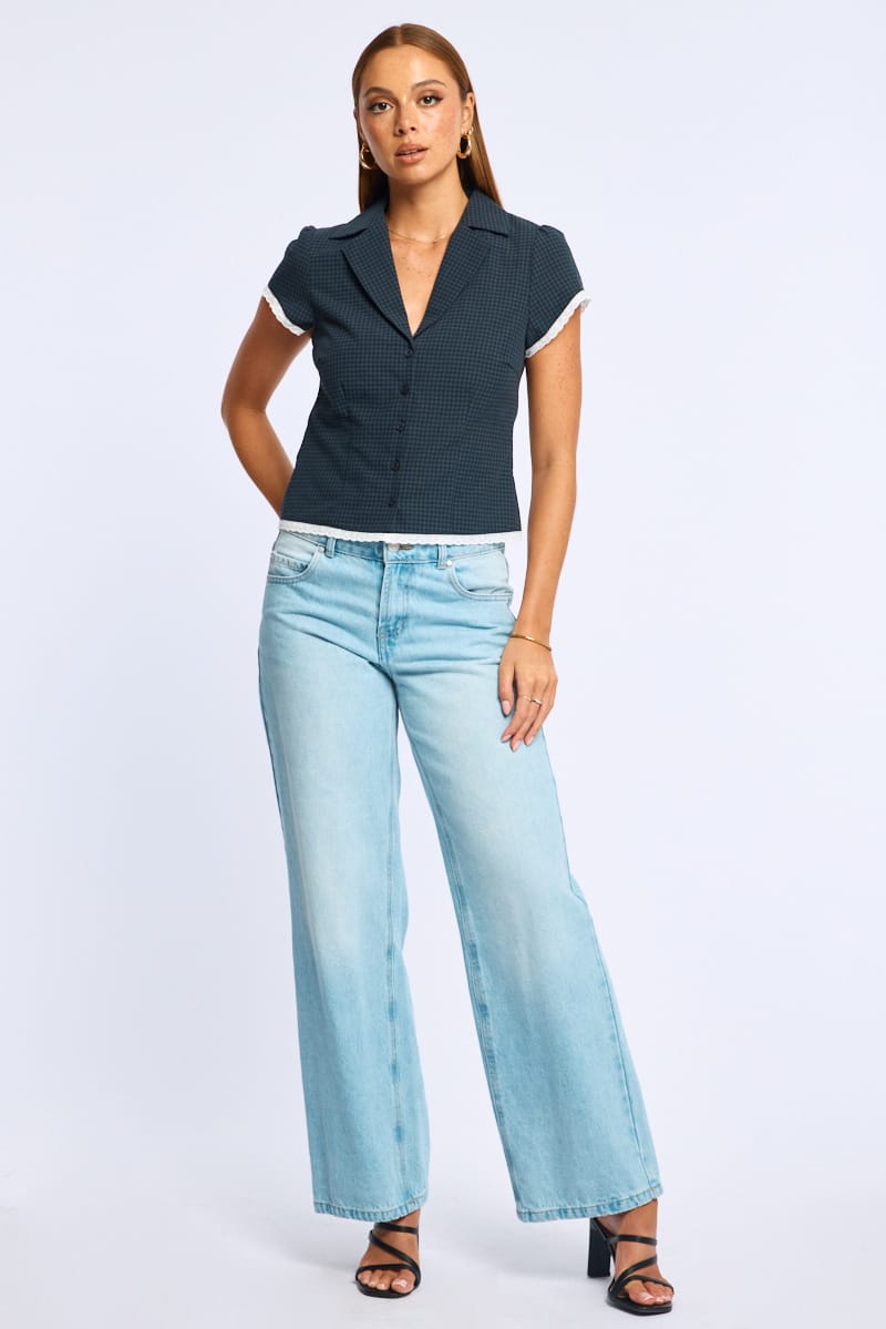 Black Cap Sleeve Collared Lace Trim Textured Shirt for Ally Fashion