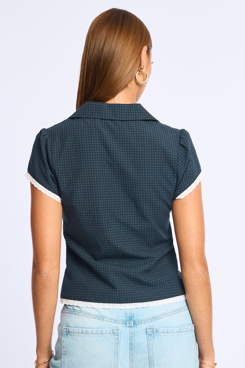 Black Cap Sleeve Collared Lace Trim Textured Shirt for Ally Fashion