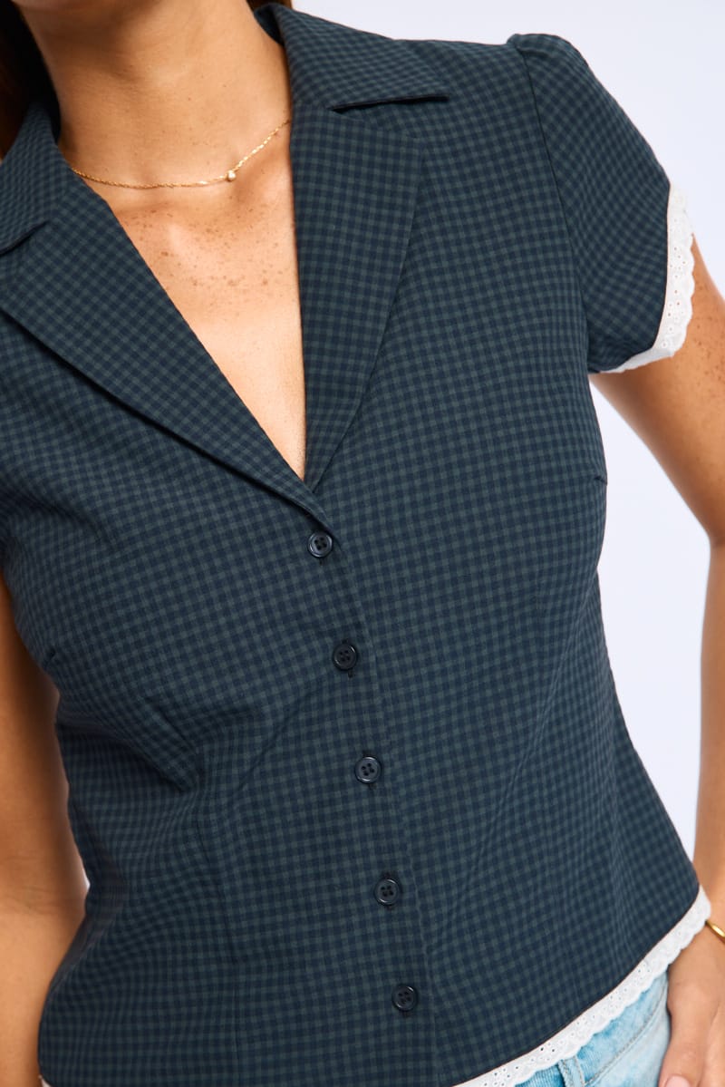 Black Cap Sleeve Collared Lace Trim Textured Shirt for Ally Fashion